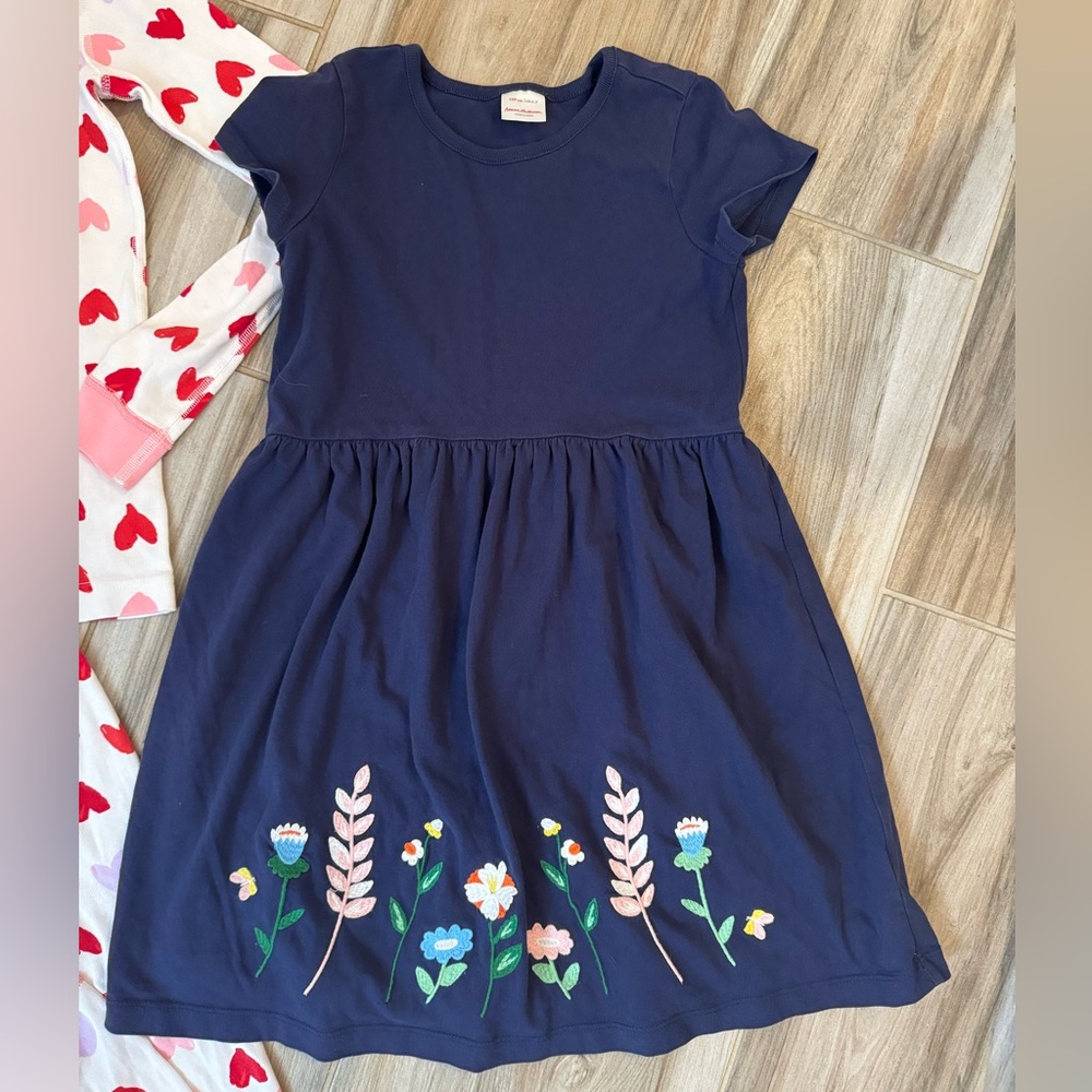 Hanna Andersson Short Sleeve Blue Dress Embroidered Flowers Size 120 6/7